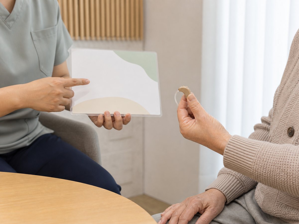 보청기를 손에 든 어르신께 안내 자료를 짚어 가며 설명하는 상담 — 연세더튼튼치과