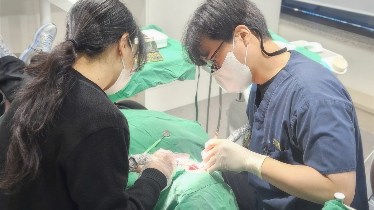 연세더튼튼치과 진료 장면 — 확대경을 쓴 의료진과 보조 인력이 함께 진료하는 모습